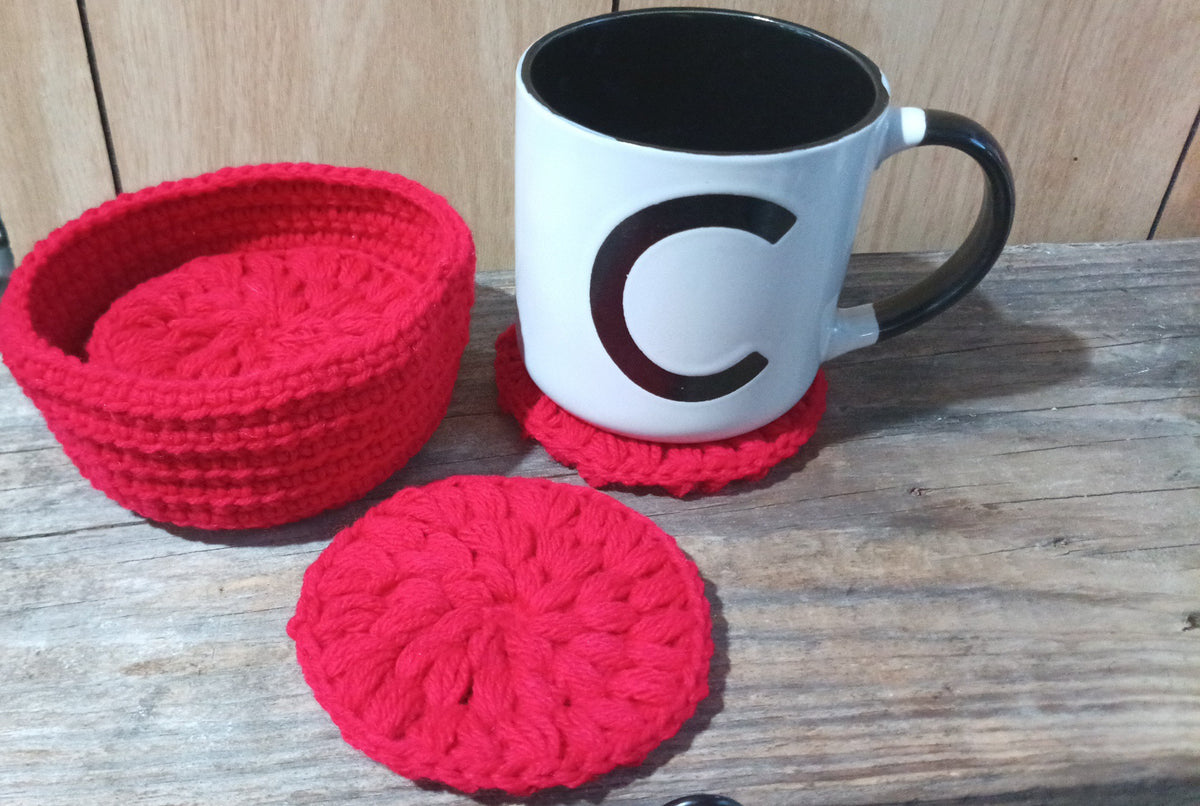 FREE SHIPPING - The Royal Rosette Crochet Set - 4 coasters and their basket