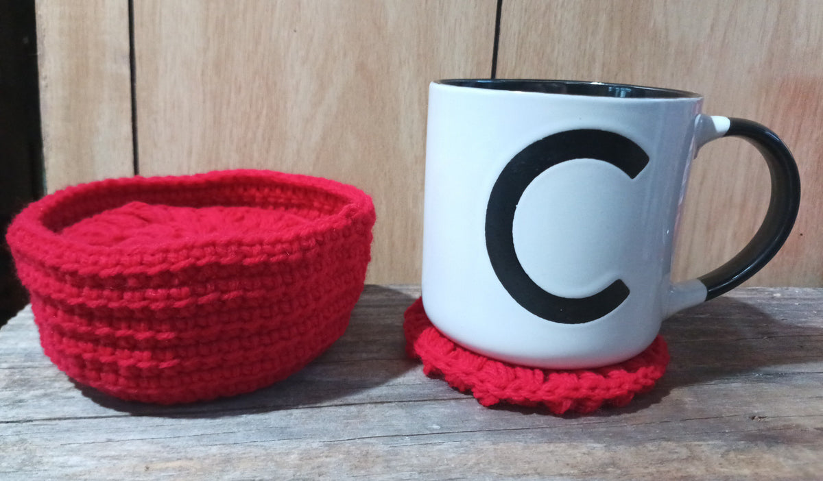 FREE SHIPPING - The Royal Rosette Crochet Set - 4 coasters and their basket